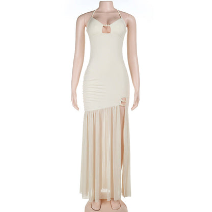 Ruched Halter Maxi Dress with Cutout and High Slit