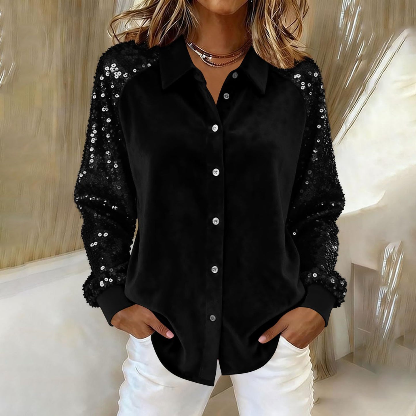 Loose Velvet Button-Down Shirt with Sequined Sleeves