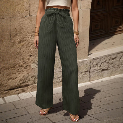Ribbed Wide-Leg Pants with Paperbag Tie-Waist