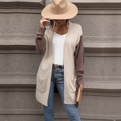 Color-Blocked Long Cardigan with Patch Pockets