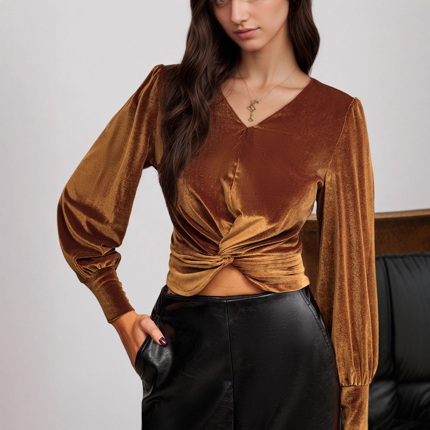 Cropped Velvet V-Neck Top with Twist Front and Puff Sleeves