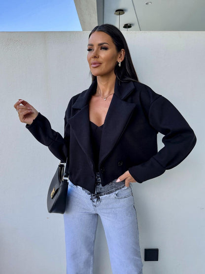 Cropped Jacket with Suit Collar and Double-Breasted Front