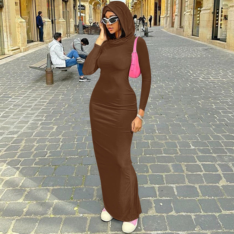 Solid Hooded Bodycon Maxi Dress with Long Sleeves