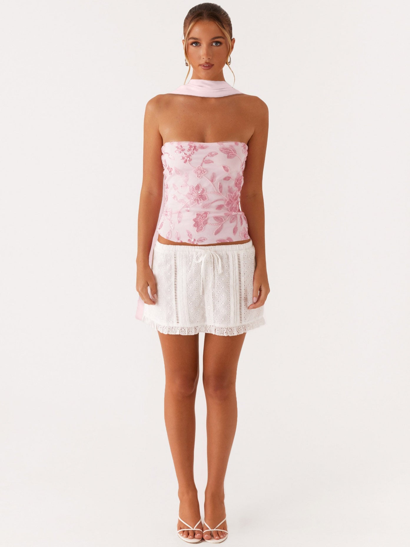 Backless Floral Sequin Tube Top with Matching Neck Scarf