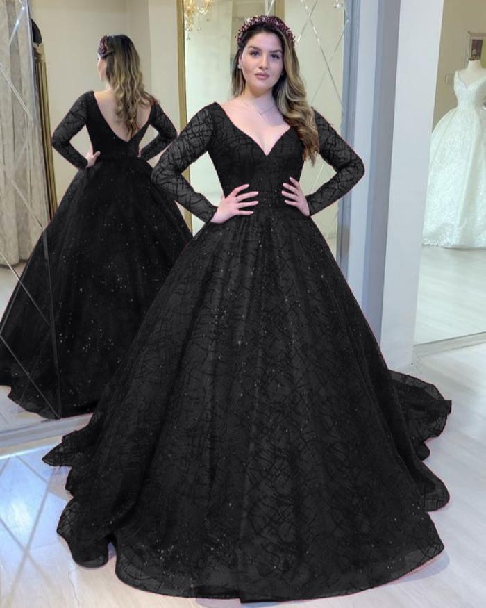 Sequined A-Line Evening Dress with Deep V-Neck and Long Sleeves