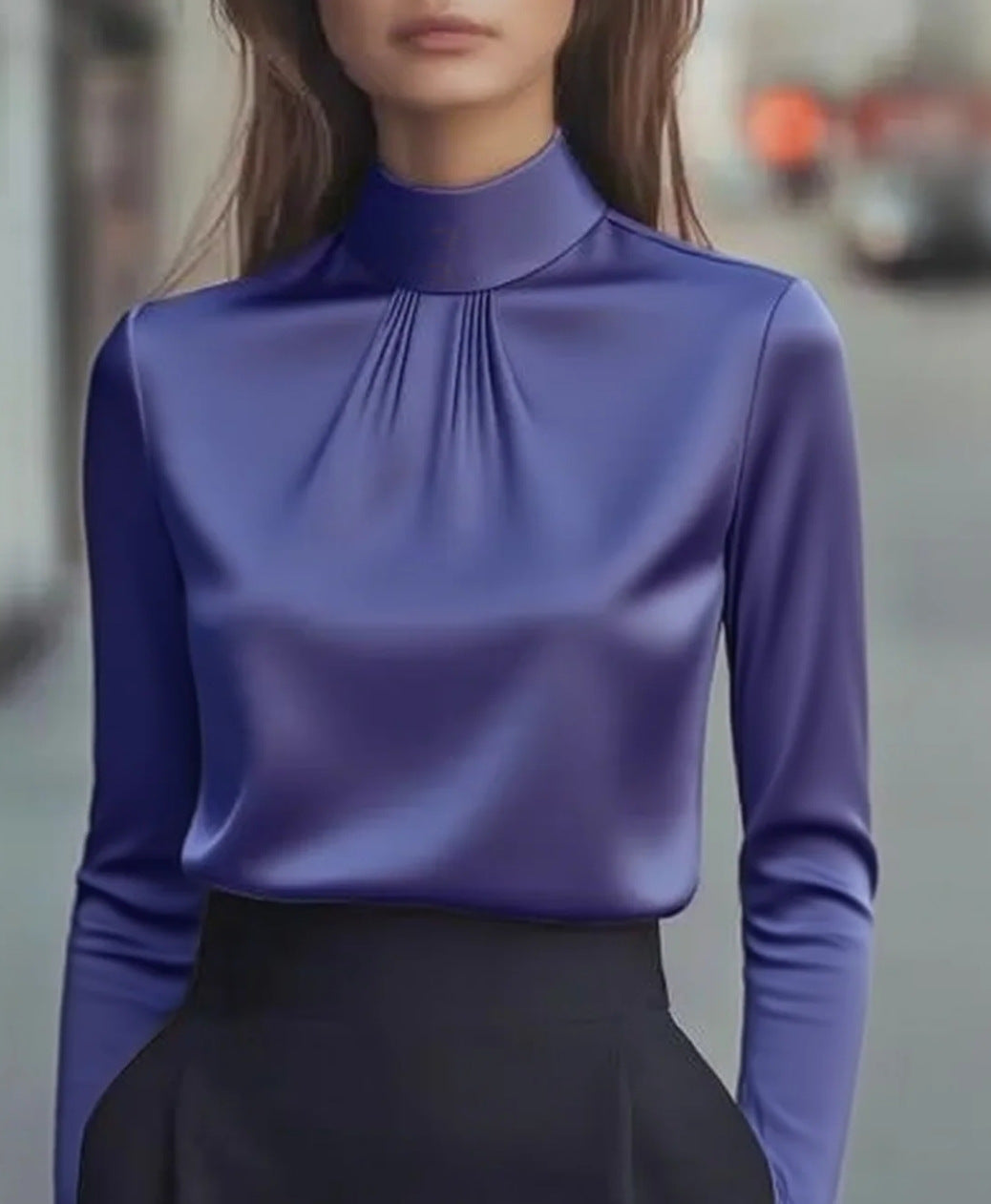 Satin Long-Sleeved Blouse with Stand Collar and Pleats