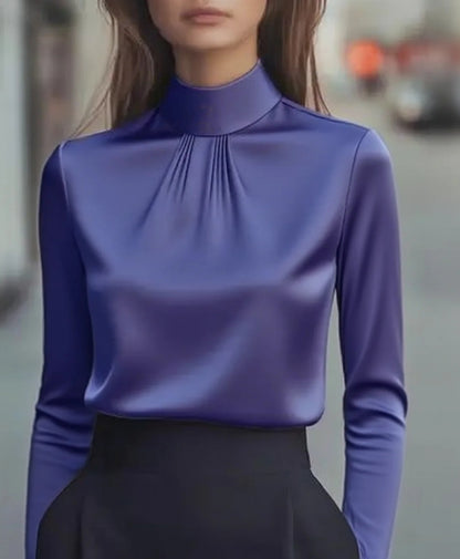 Satin Long-Sleeved Blouse with Stand Collar and Pleats