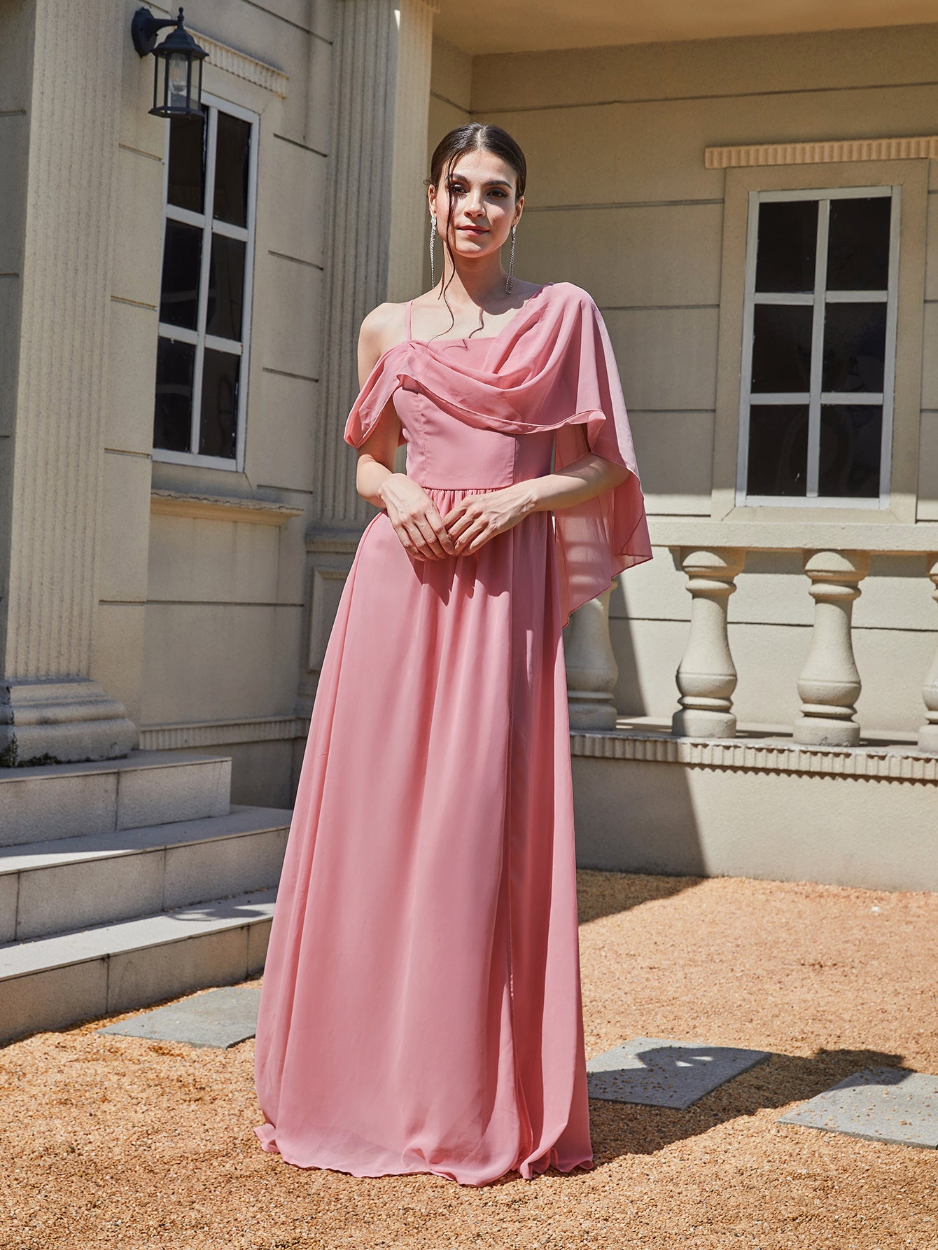 A-Line Maxi Dress with Draped One-Shoulder