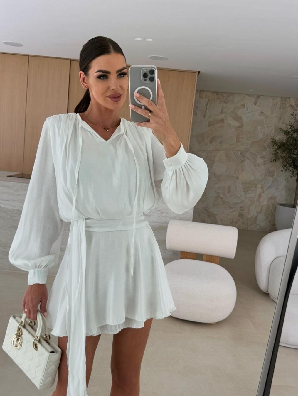 A-Line Mini Dress with Lace-Up V-Neck and Puff Sleeves
