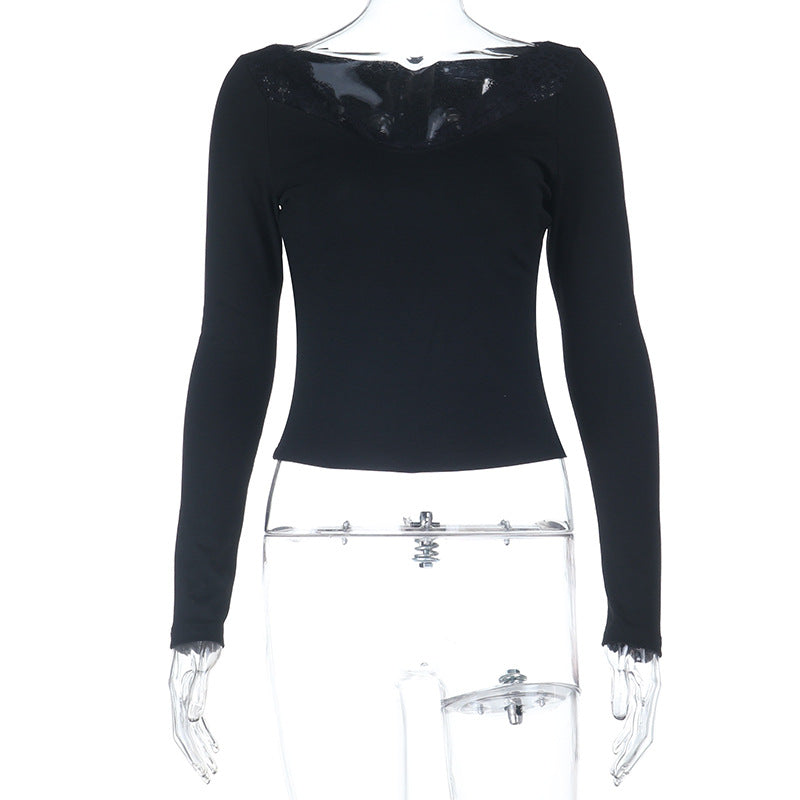 Slim Fit Ribbed Top with Lace Patchwork Neckline