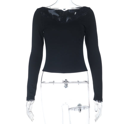 Slim Fit Ribbed Top with Lace Patchwork Neckline