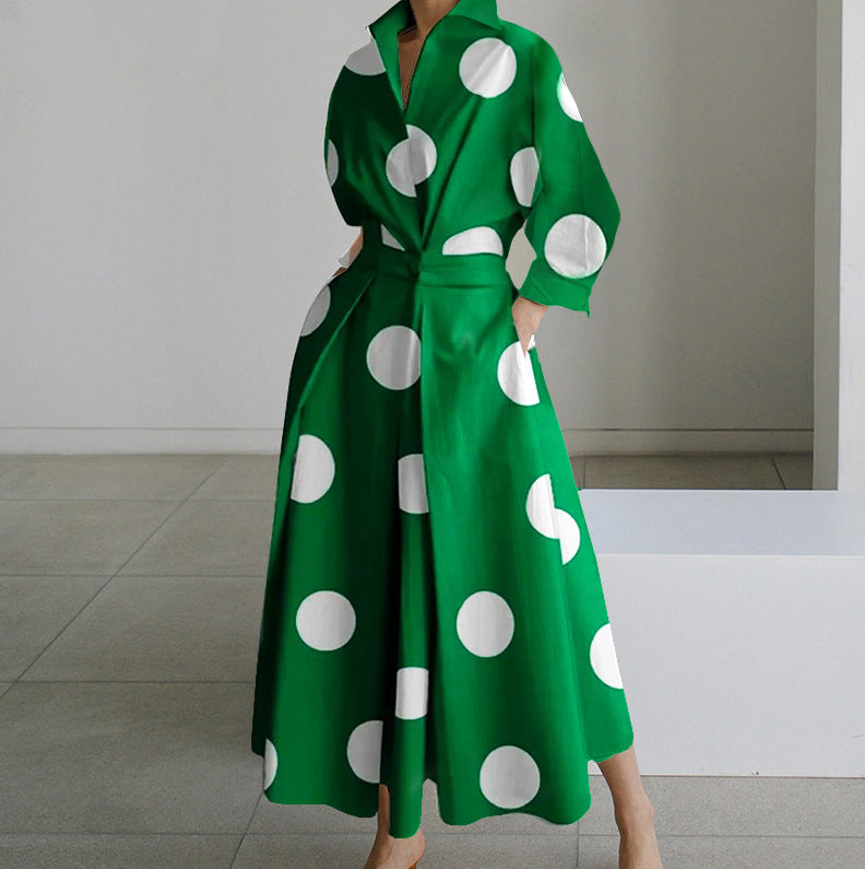 Polka Dot Maxi Shirt Dress with Nine-Quarter Sleeves