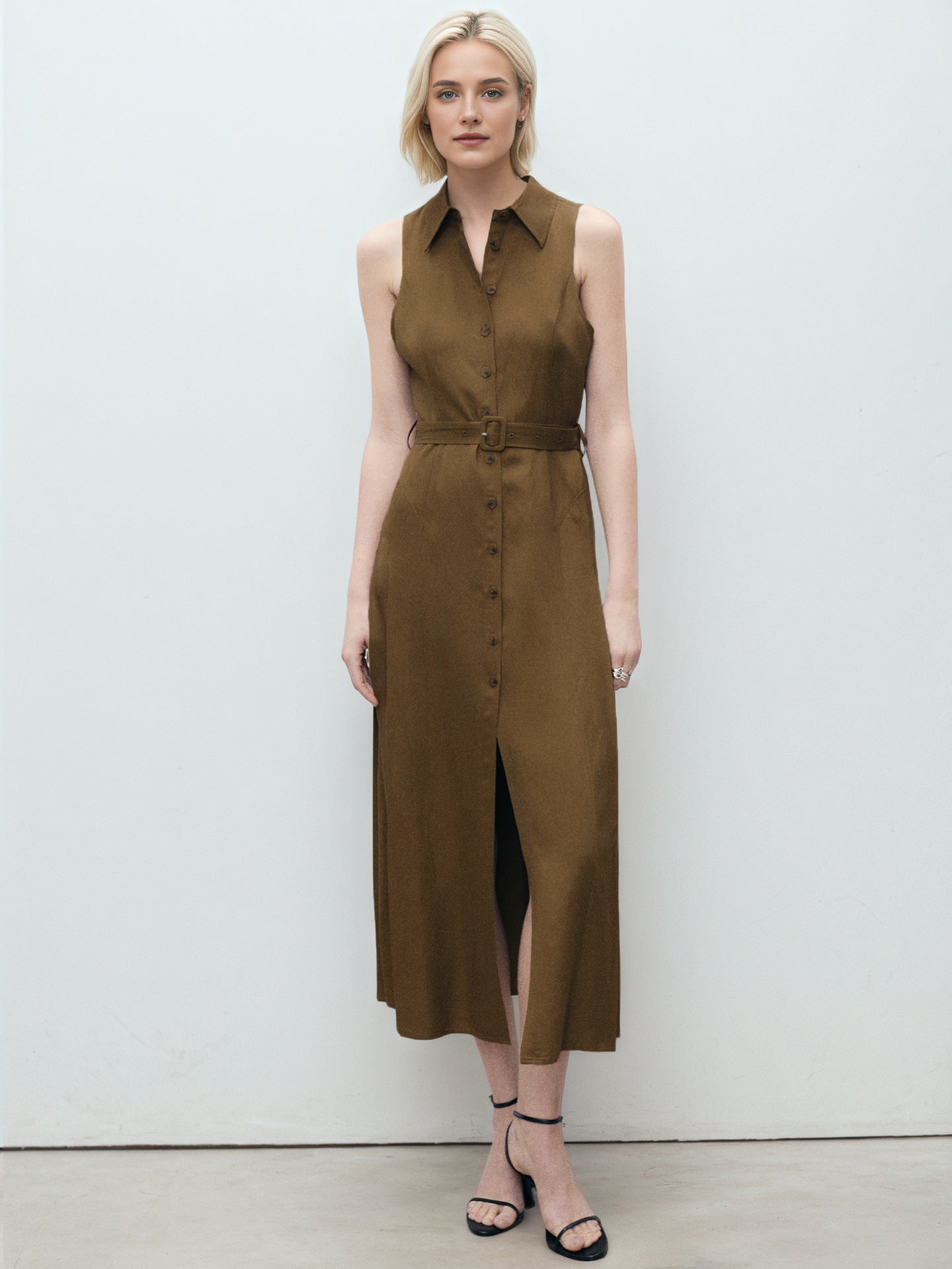 Solid Sleeveless Midi Shirt Dress with Lapel Collar and Belt