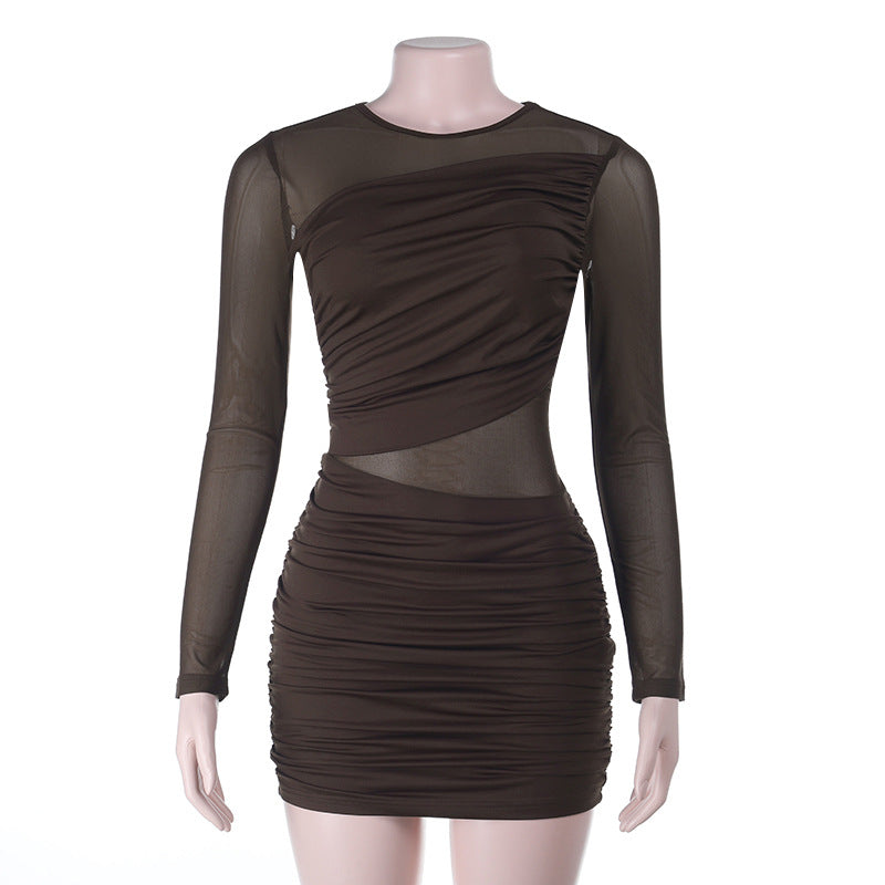 Long-Sleeved Bodycon Mini Dress with Ruched Mesh Panels