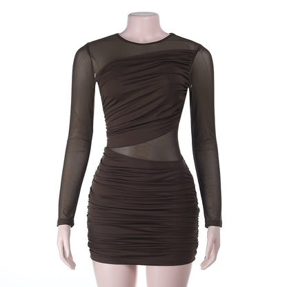 Long-Sleeved Bodycon Mini Dress with Ruched Mesh Panels