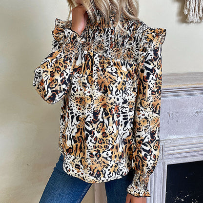 Leopard Print Long Sleeve Blouse with Smocked Yoke and Ruffles