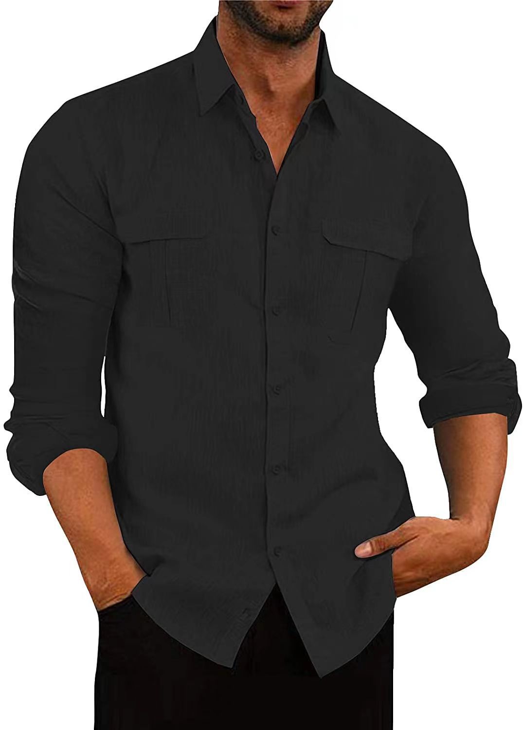 Solid Cotton Linen Shirt with Double Chest Pockets