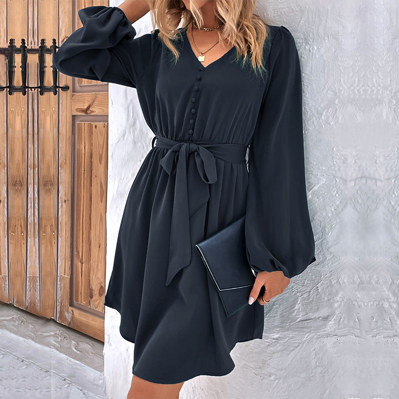 Solid A-Line Mini Dress with V-Neck and Tie Waist
