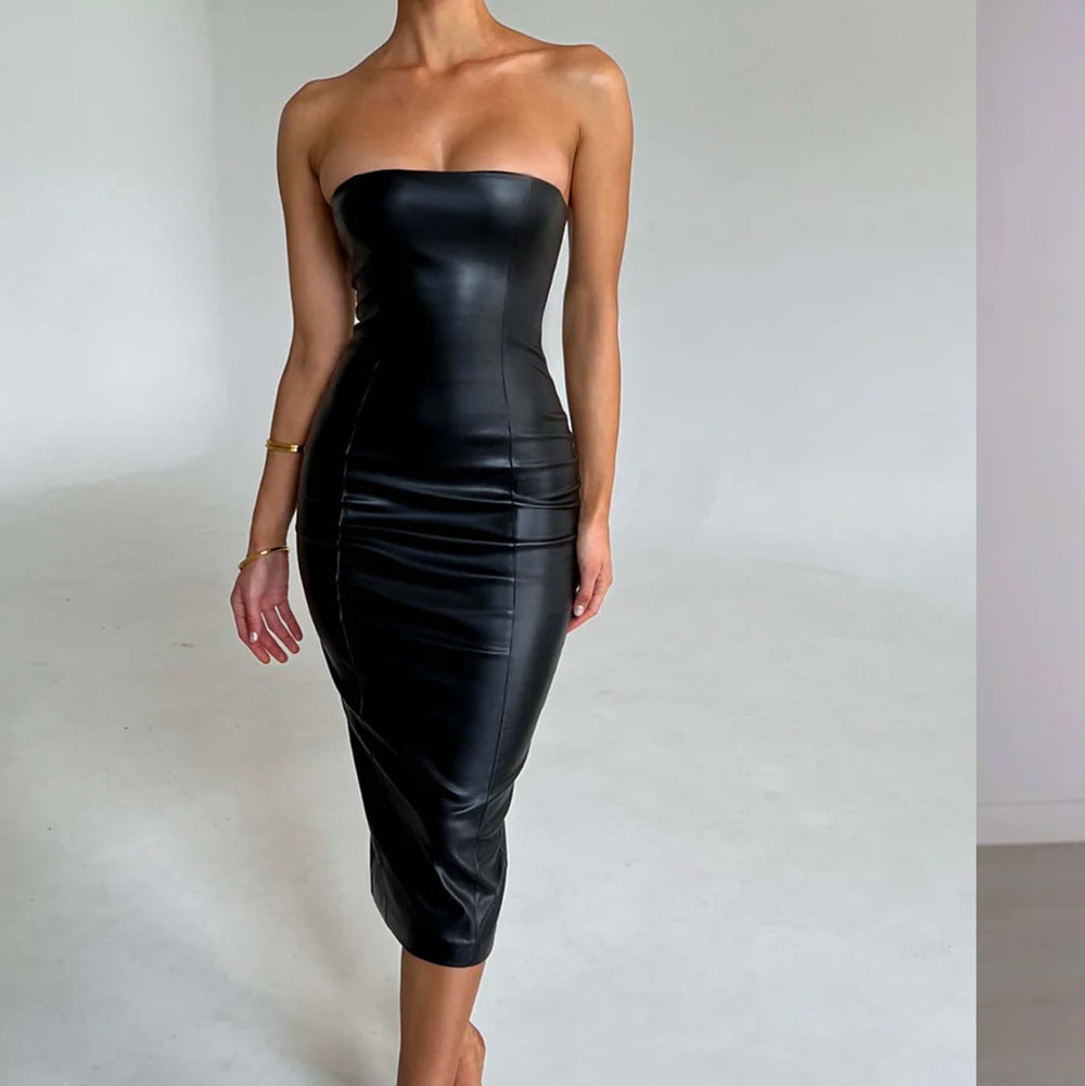 Strapless Midi Dress With Splicing Detail Solid Color Pu Leather