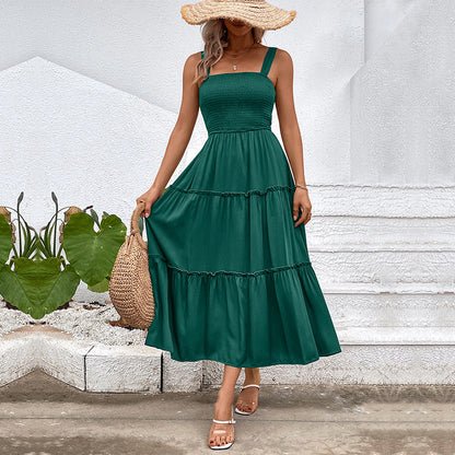 Solid A-Line Midi Dress with Smocked Bodice & Tiered Skirt
