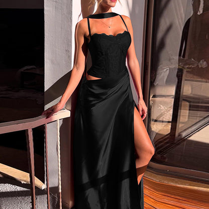 A-Line Satin Maxi Dress with Lace Bodice and High Slit