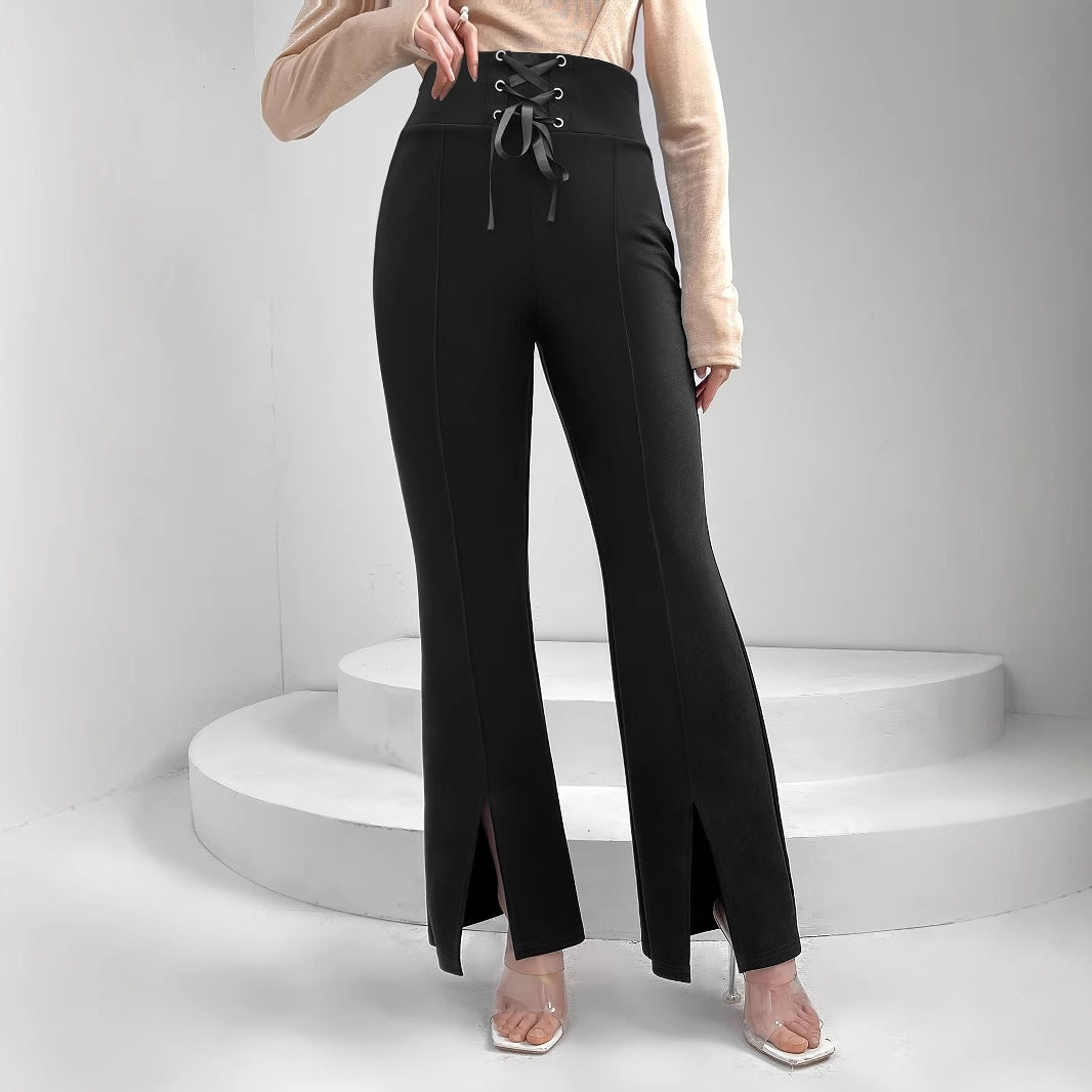 Flared Trousers with Lace-Up High Waist and Front Slits