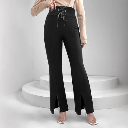 Flared Trousers with Lace-Up High Waist and Front Slits