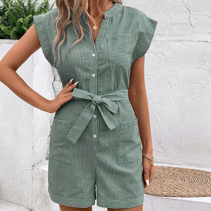 Striped Romper with Self-Tie Belt and Cap Sleeves