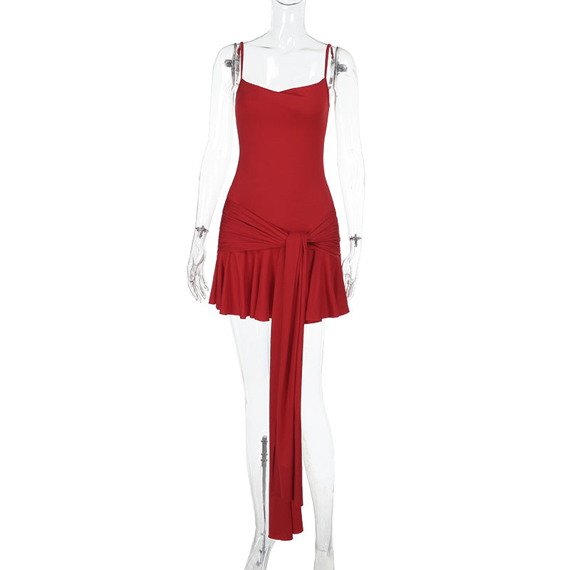 Bodycon Mini Dress with Cowl Neck and Side-Tie Ruffle Hem