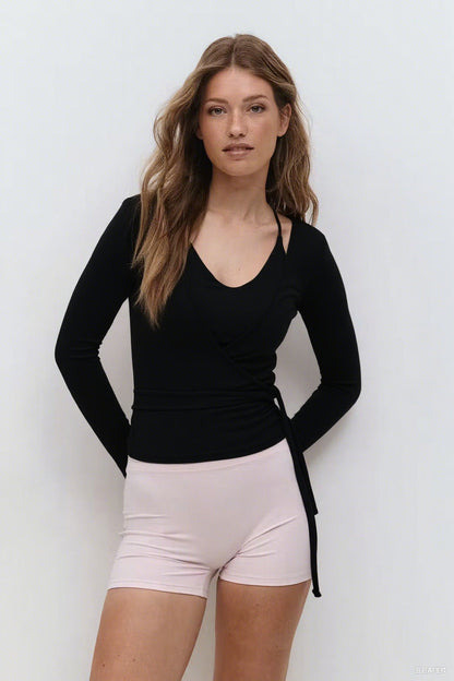 Slim Fit Wrap Top with V-Neck and Raglan Sleeves