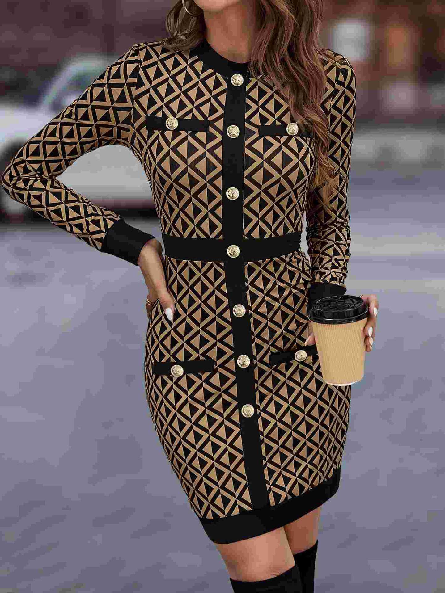 Geometric Print Bodycon Pencil Dress with Decorative Buttons