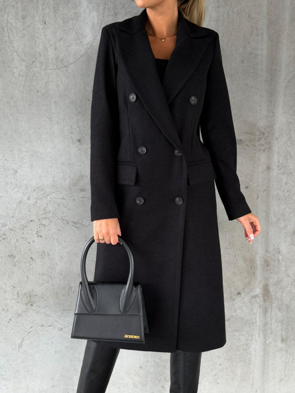 Solid Midi Coat with Double-Breasted Closure and Suit Collar
