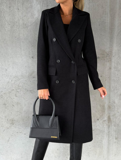 Solid Midi Coat with Double-Breasted Closure and Suit Collar