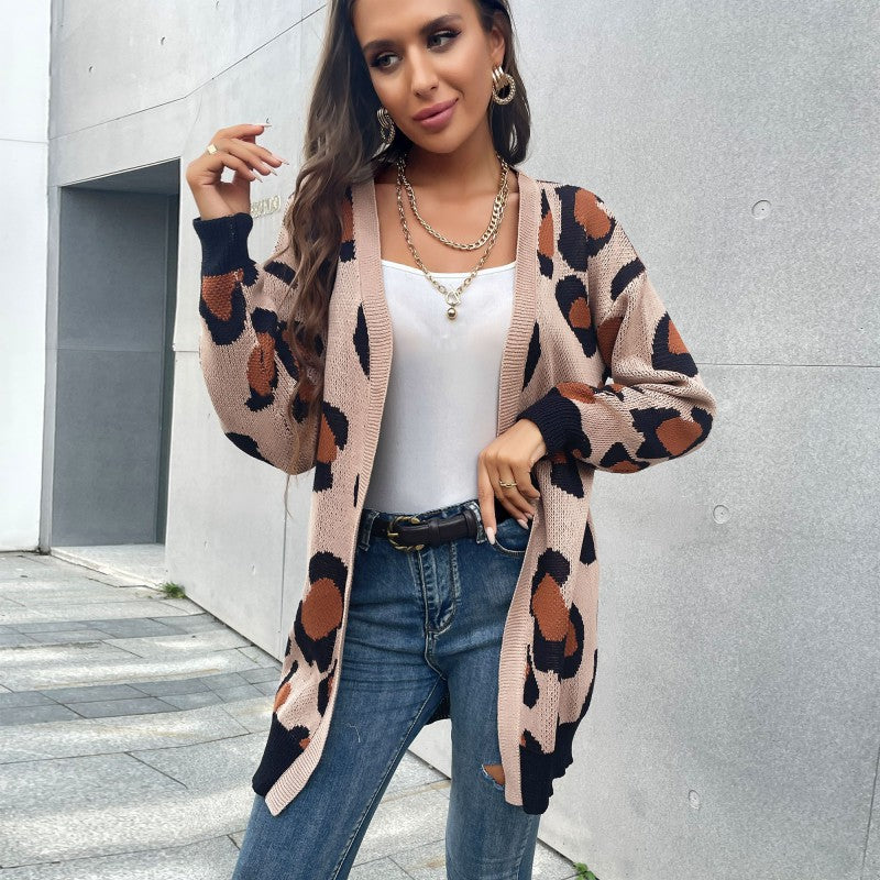 Leopard Print Mid-Length Cardigan with V-Neck and Ribbed Trim
