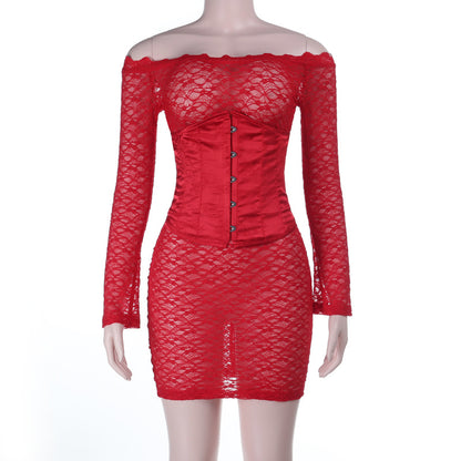 Off-the-Shoulder Lace Bodycon Dress with Corset Waist