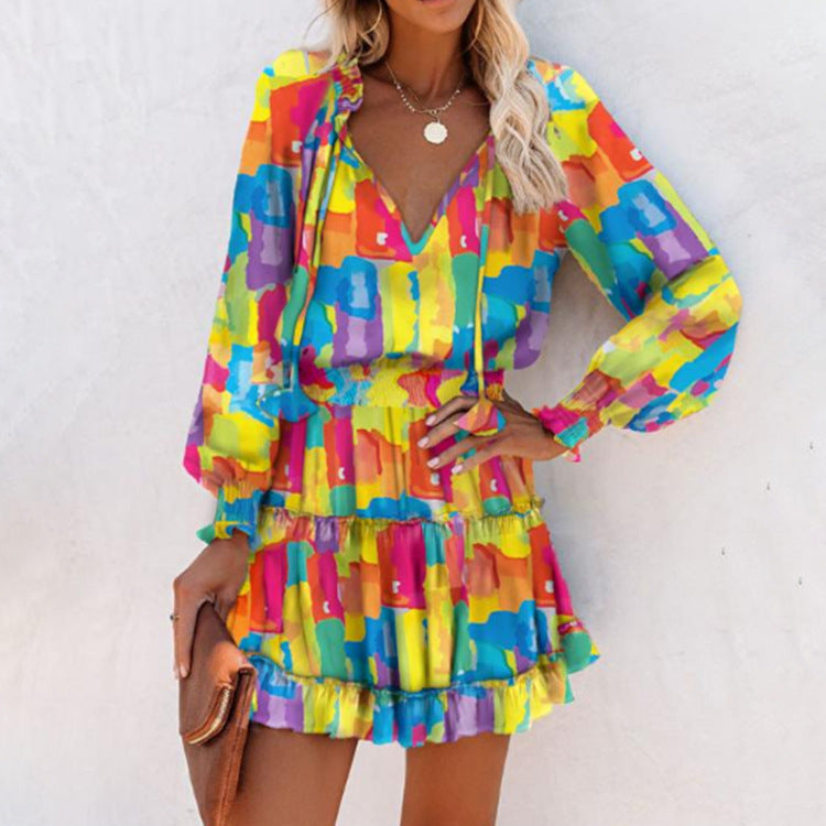 Printed Ruffled Mini Dress with V-Neck and Lantern Sleeves