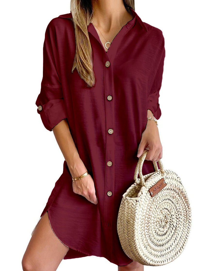 Oversized Shirt Dress with Lapel Collar and Roll-Tab Sleeves