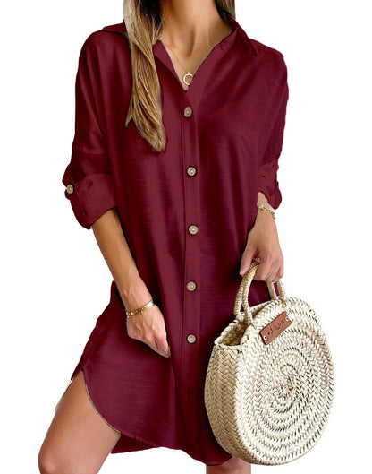 Oversized Shirt Dress with Lapel Collar and Roll-Tab Sleeves