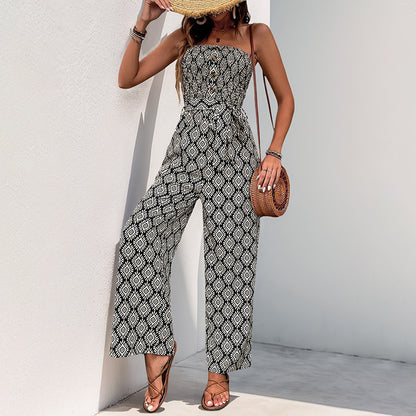 Geometric Print Strapless Wide-Leg Jumpsuit with Tie-Waist
