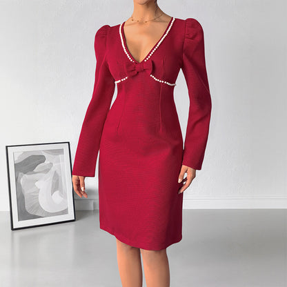 Textured Sheath Dress with Pearl Trim and Bow Detail