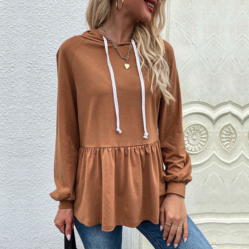 Solid Peplum Hoodie with Ruffle Hem and Drawstring
