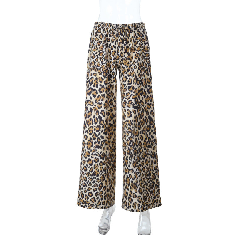Leopard Print Wide-Leg Pants with Low-Rise Drawstring Waist
