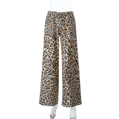 Leopard Print Wide-Leg Pants with Low-Rise Drawstring Waist