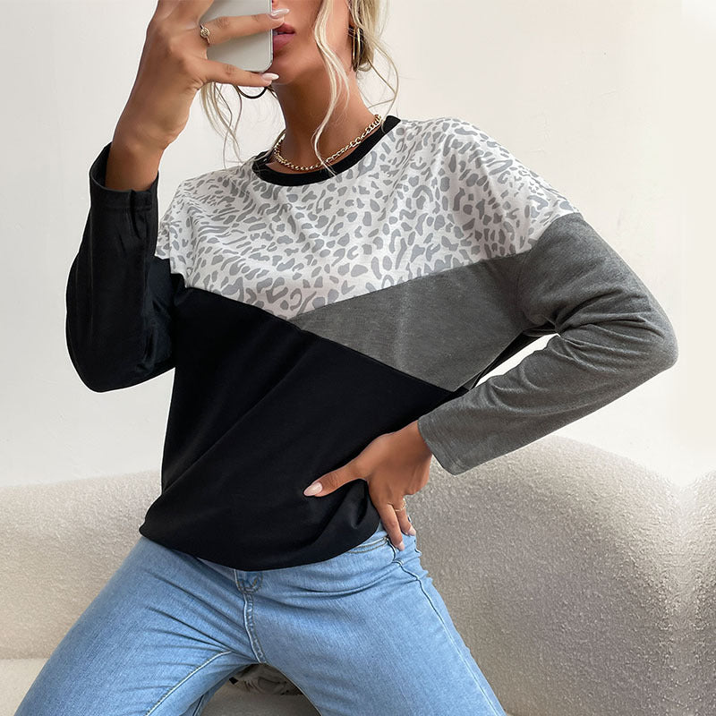 Color-Blocked Crewneck Top with Leopard Print