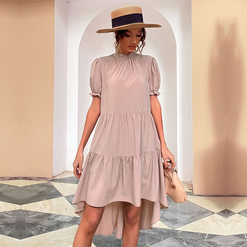 Tiered High-Low Dress with Mock Neck and Puff Sleeves