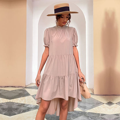 Tiered High-Low Dress with Mock Neck and Puff Sleeves