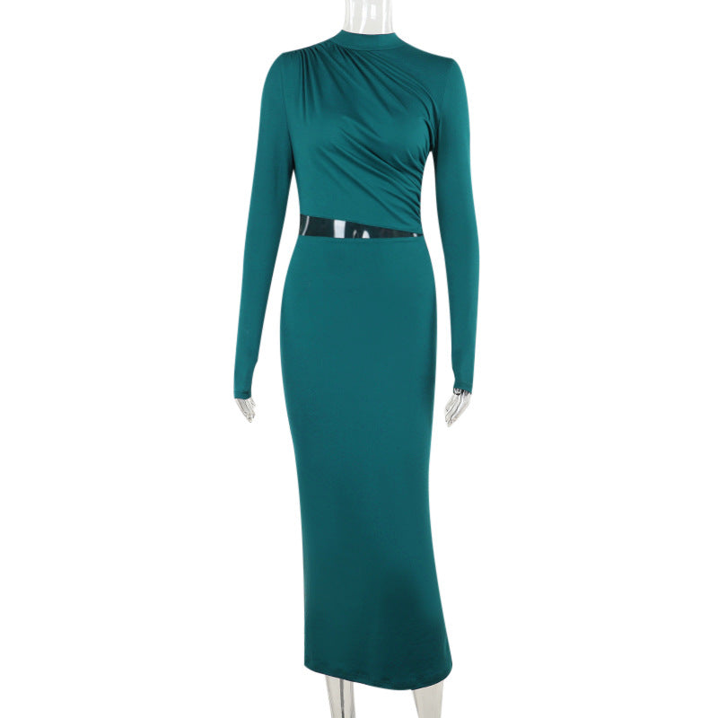 Ruched Bodycon Maxi Dress with Mock Neck and Mesh Cutout
