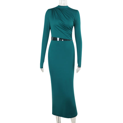 Ruched Bodycon Maxi Dress with Mock Neck and Mesh Cutout