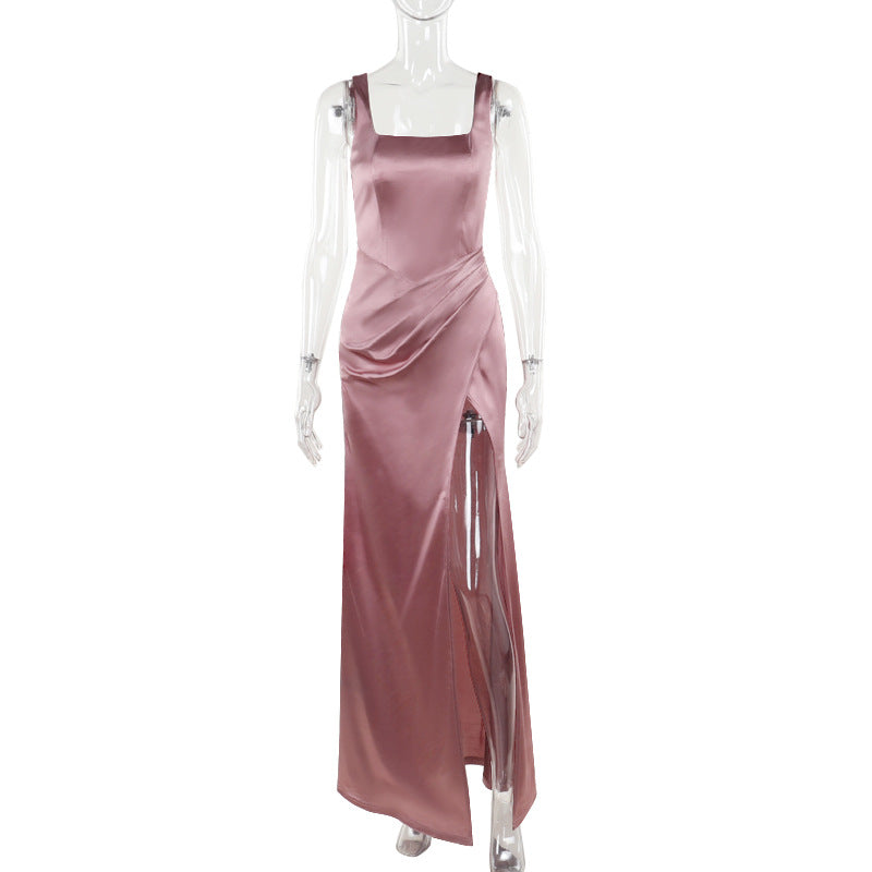Satin Bodycon Maxi Dress with Square Neck and High Slit