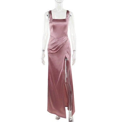 Satin Bodycon Maxi Dress with Square Neck and High Slit
